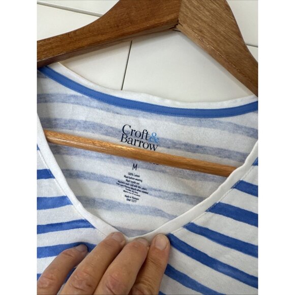 Womens Croft &Barrow V Neck White BLUE Striped Cotton Tee Top Sz M - Picture 3 of 10